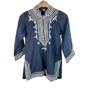 Mystical Fashions Women's Size S Blue White Floral Embroidered Boho Tunic Top